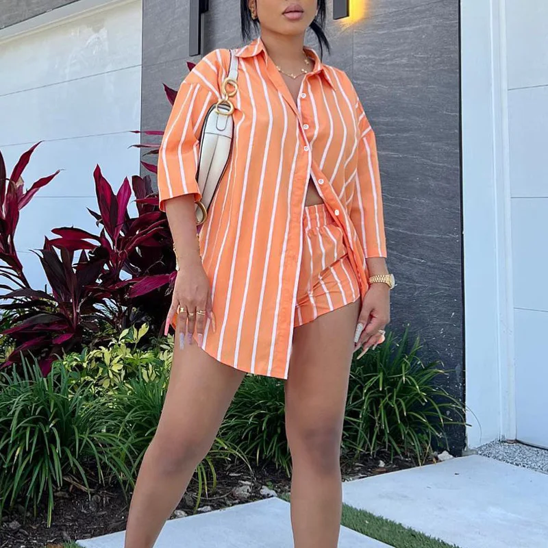 African Fashion Stripe Two Piece Set Women Casual Summer Half sleeve Single Breasted Long Shirt And Shorts Set Outfit