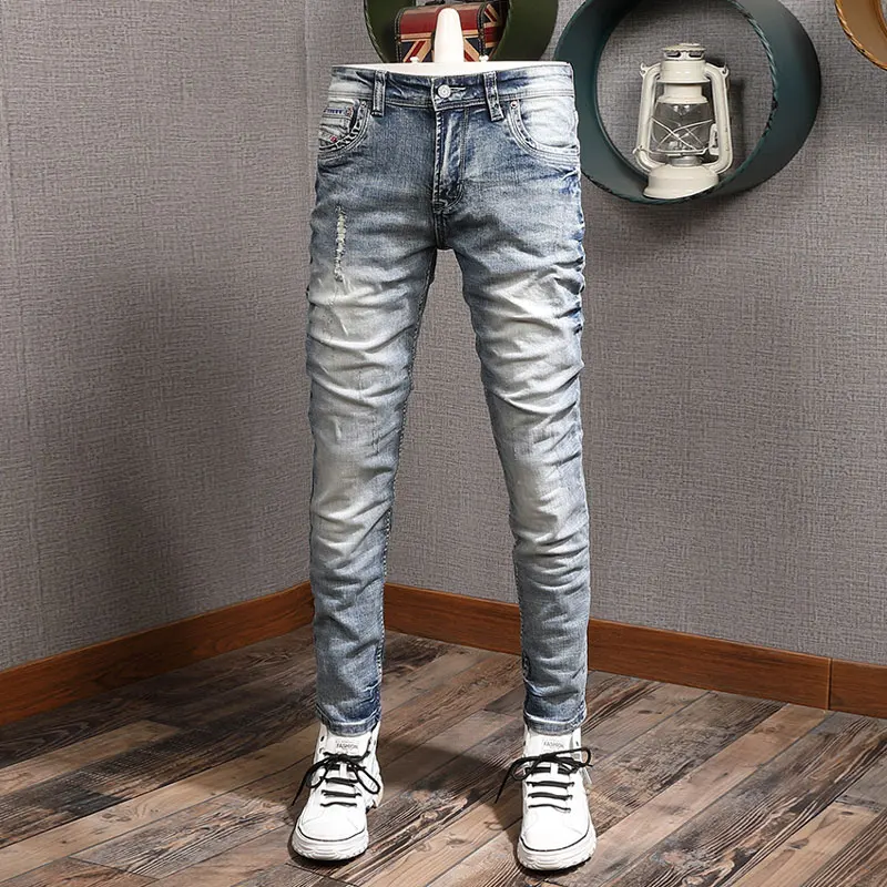 Newly Designer Fashion Men Jeans Retro Washed Blue Stretch Slim Fit Ripped Jeans Men Y2K Vintage Casual Denim Pants Hombre
