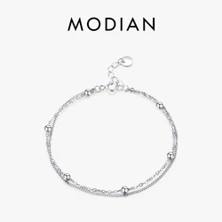 Modian Silver Double Layer Beads Link Chain 100% 925 Sterling Silver Trendy Simple Female Bracelet For Women Wedding Jewelry