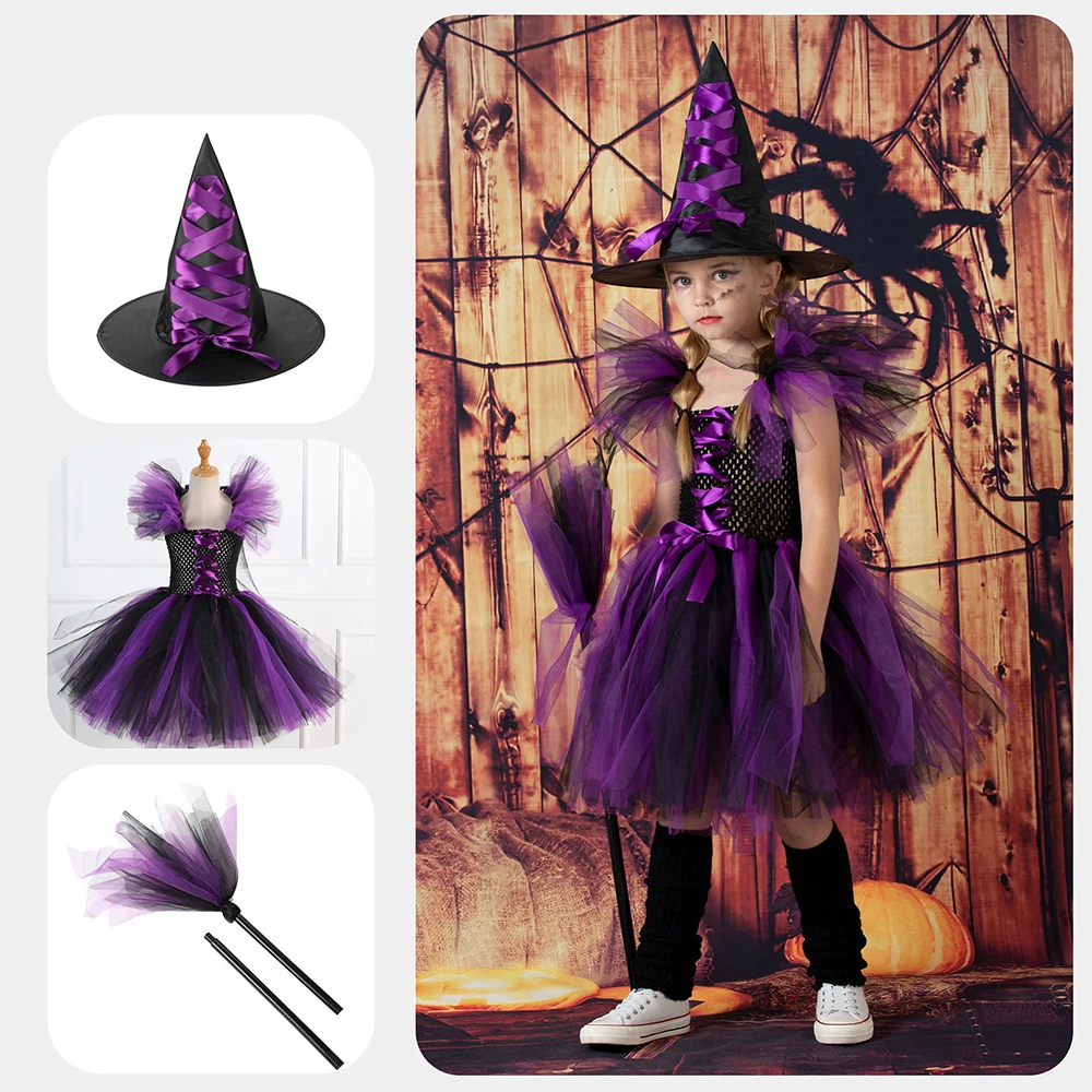 

2025 Halloween Witch Dress Cosplay Costume Dress Girl Carnival Party Dress Hat Broom Disguise Fancy Clothes Suit