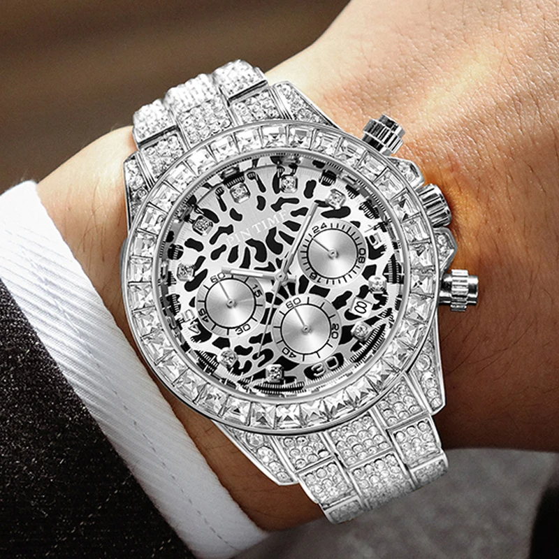 

PINTIME Brand Luxury Diamond Design Quartz Watch Round Leopard Dial Stainless Steel Case 30m Waterproof Iced Out Wristwatch