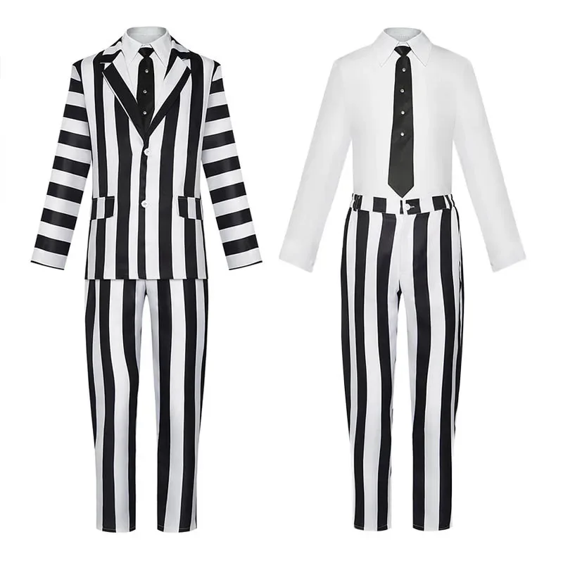 

Beetlejuicee Cosplay Costume Black-and-white Striped Suit with Shirt Halloween Outfits Beetle Costume Gothic Suit