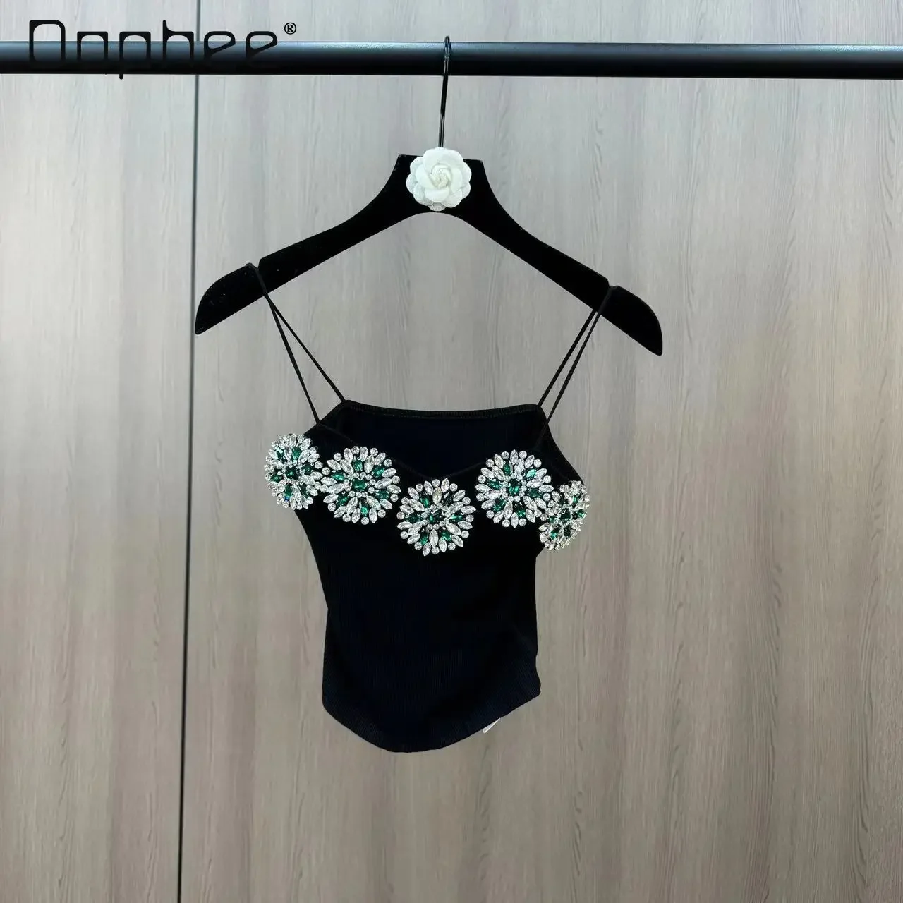 Summer New French Retro Heavy Industry Beaded Rhinestones Three-dimensional Flower Suspenders Sexy Crop Tops Street Fashion Tops