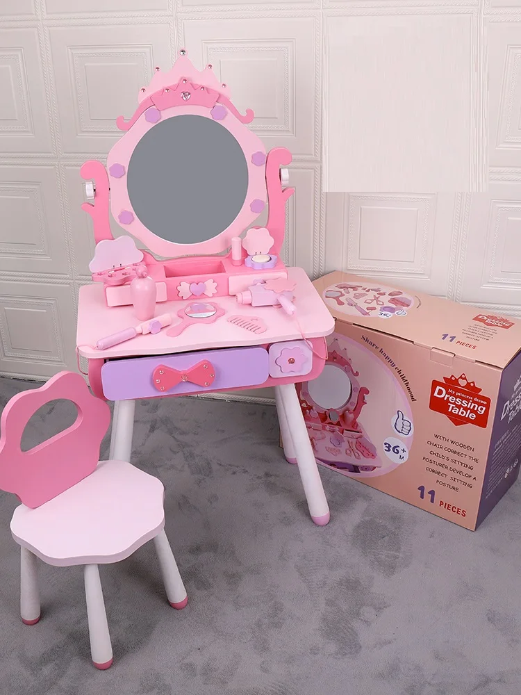 أفضل تصميم طاولة مكياج خشبية وردية جميلة للأطفال #3