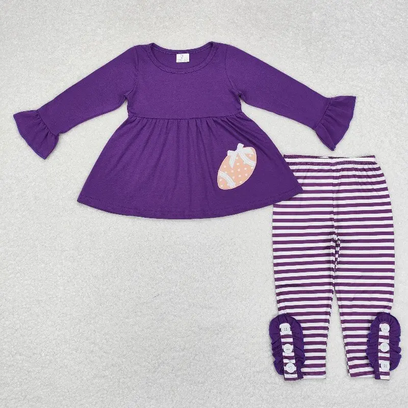 

10.10y Winter Girls Cotton Suit Wholesale Embroidered Polka Dot Rugby Solid Color Purple Long Sleeve Striped Pants Suit