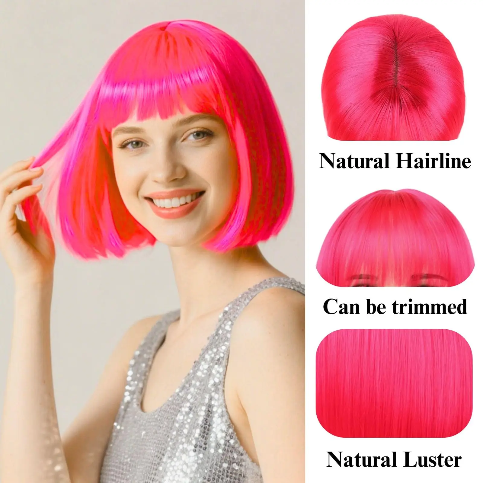 Pink Rose Bob Hairstyle Synthetic Wig for Halloween Cosplay Wig for Daily Use Hot-Temperature Hair Accessory Wig Set