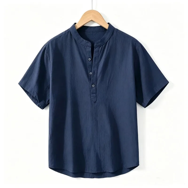 Men Cotton Linen Short-Sleeve Shirt with Stand Collar & Half-Button Placket - Casual Outdoor Leisure Wear for Spring and Summe