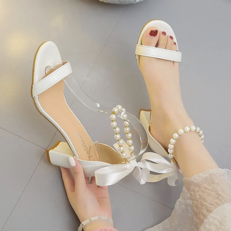 Women Sandals Fashion Sexy String Bead Silk 7CM Square Heel Buckle Strap Banquet Dress Wedding Women\'s Shoes Beige Wedding