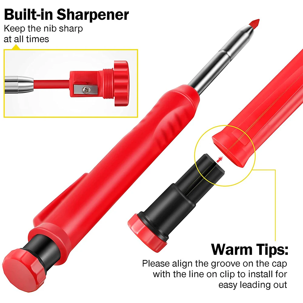 Solid Carpenter Pencil With Refill Long Nosed Deep Hole Mechanical Pencil Marker With Built-In Sharpener For Carpenter Wood