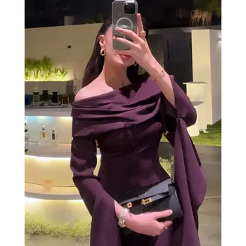 Aangepaste vintage off-the-shoulder lange mouwen avondjurken rechte galajurken vloerlengte elegante feestjurken