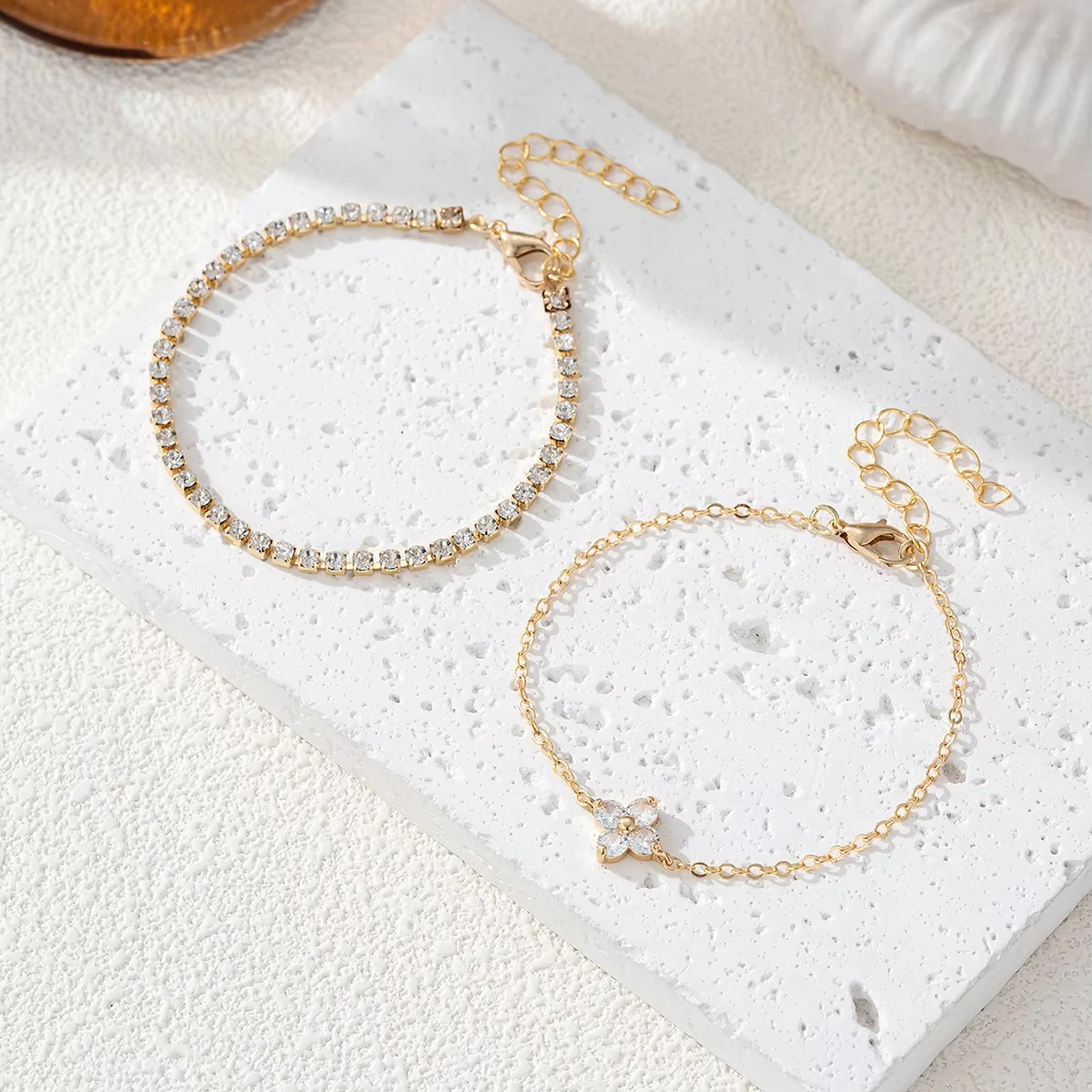 2pcs Simple Cubic Zirconia Flower Water Chain Women's Bracelet Set Daily Minimalist Silver Color Bracelet Party Fashion Jewelry image 6