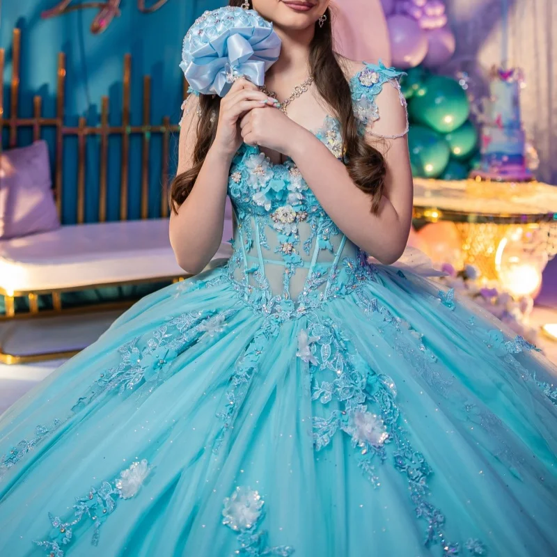 

Shiny Blue Quinceanera Dress off-shoulder Glitter 3D Flower Decal Long tail Lace Bow vestidos de 15 Quinceanera ﻿Customize
