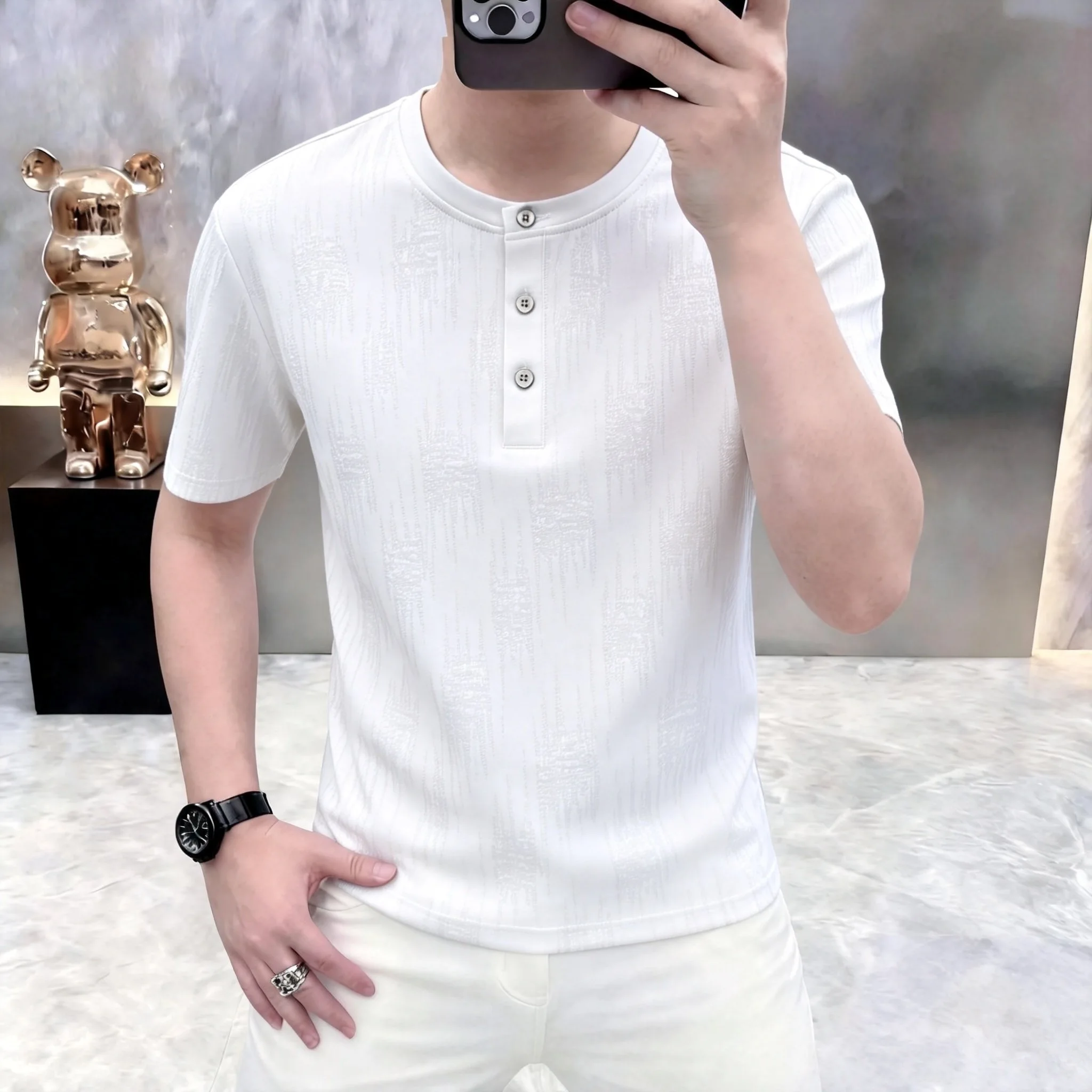 Summer New Style Men's Solid Color Knitted Shirt Short-Sleeve T-Shirt Luxury Breathable Casual
