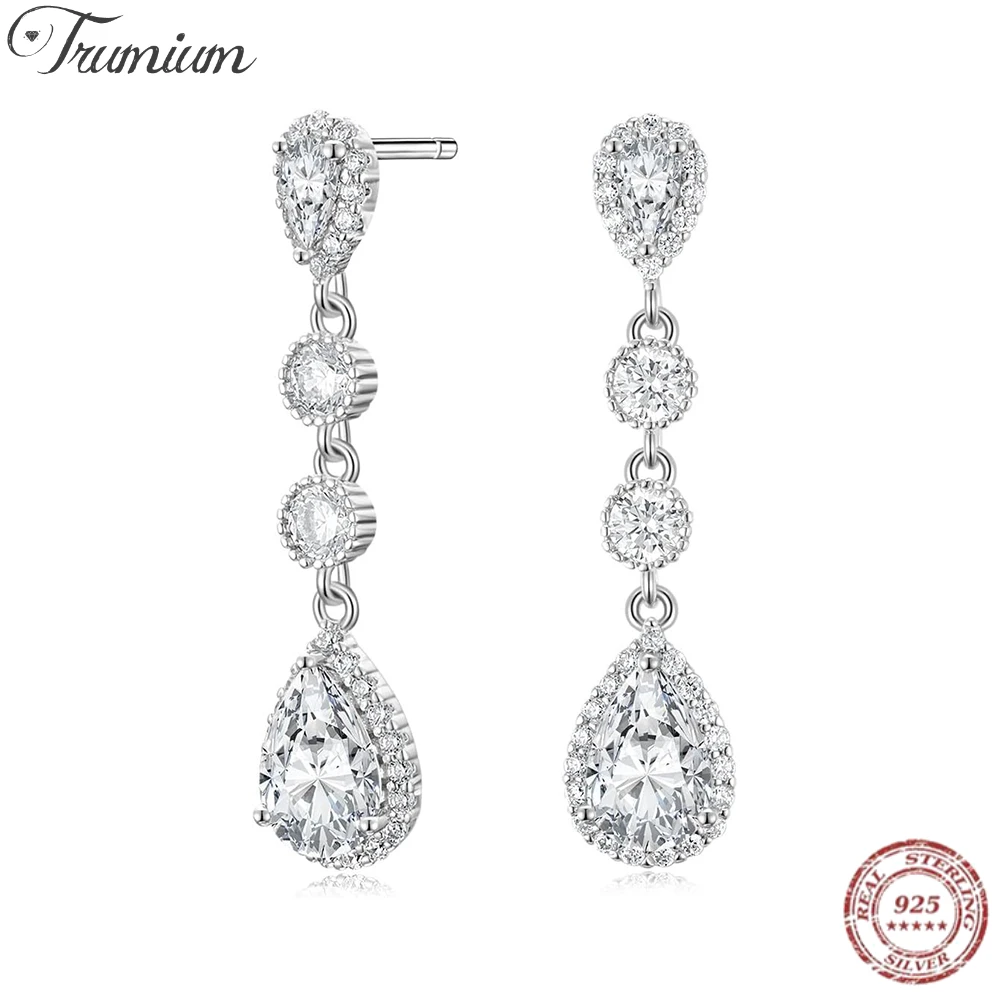 

Trumium Silver Color Dangle Teardrop Earrings for Women Cubic Zirconia Pear Cut Wedding Birdal Stud Earring