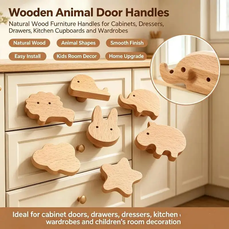 Cute Wooden Animal Door Handles Non-Toxic Solid Wood Pulls for Kids Room Cabinets Dressers Drawers Decor