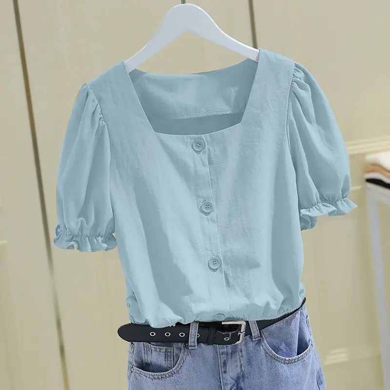 Office Lady Pleated Short Blouse Summer New Short Sleeve All-match Solid Color Fashion Shirt Tops Casual Vintage Women Clothing