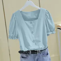 Office Lady Pleated Short Blouse Summer New Short Sleeve All-match Solid Color Fashion Shirt Tops Casual Vintage Women Clothing