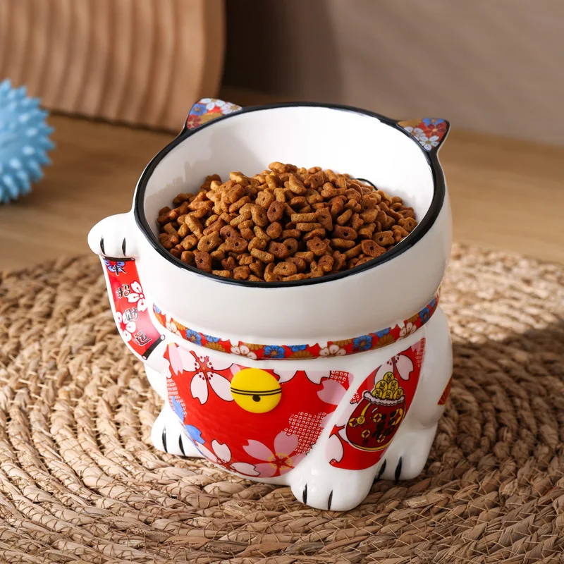 Pet Bowl Cute Lucky Cat Ceramic Bowl Pet Drink Water Feeders Japanese-style