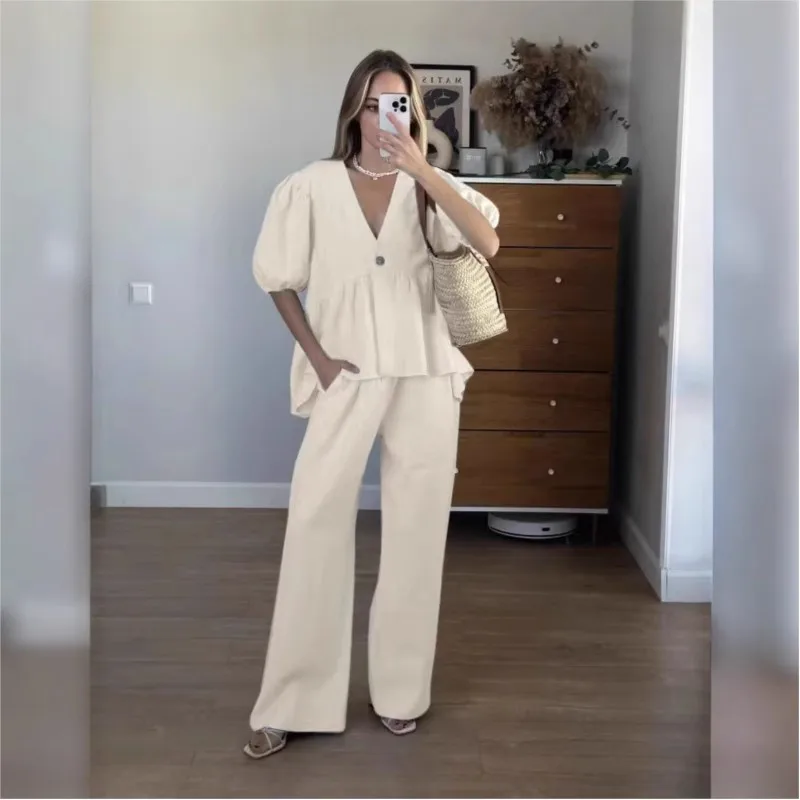 女性の綿カジュアルパンツセットスーツソリッド V ネックパフスリーブ Tシャツトップルーズハイウエストズボンツーピースマッチングセット