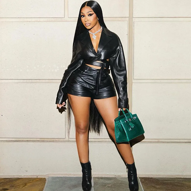 

Doyerl Женский комплект из двух предметов из искусственной кожи, весенне-осенний готический укороченный жакет с длинными рукавами, топ и короткие комплекты Conjuntos De Mujer