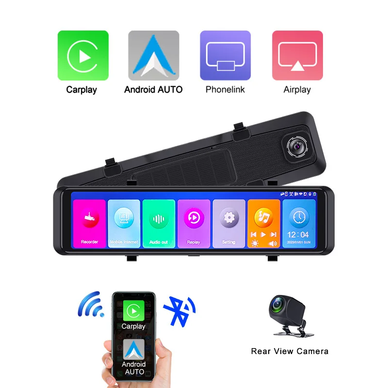 Carplay/Android AUTO dashcam WIFI Bluetooth voice controlled streaming media rearview mirror 4K dual recording