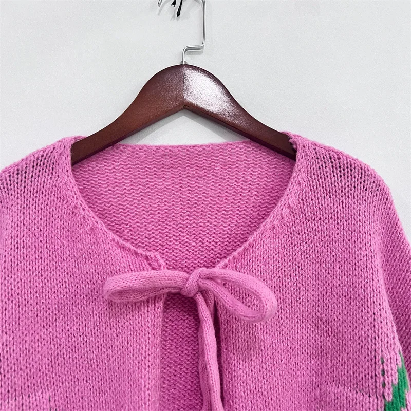 Cherry Jacquard Knitted Cardigan Jacket For Women 2025 Trendy Streetwear Lace-up Sweaters Coats