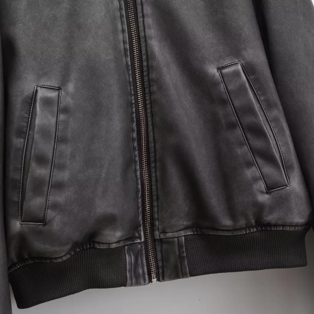 Women's Autumn Loose Faux Leather Jacket Zipper Casual Motorcycle Baseball Uniform Cotton-Padded American Street Style
