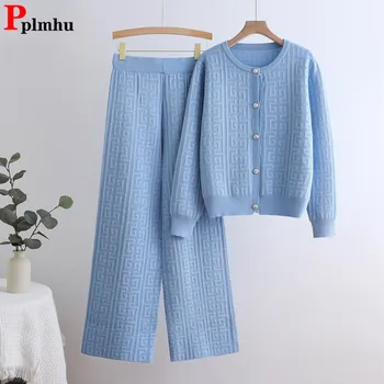 Kadınlar Zarif Örme 2 Parça Setleri Kore O-Boyun Tek Göğüslü Örgü Hırka Conjuntos Rahat Yüksek Bel Eşofman Kıyafeti Yeni