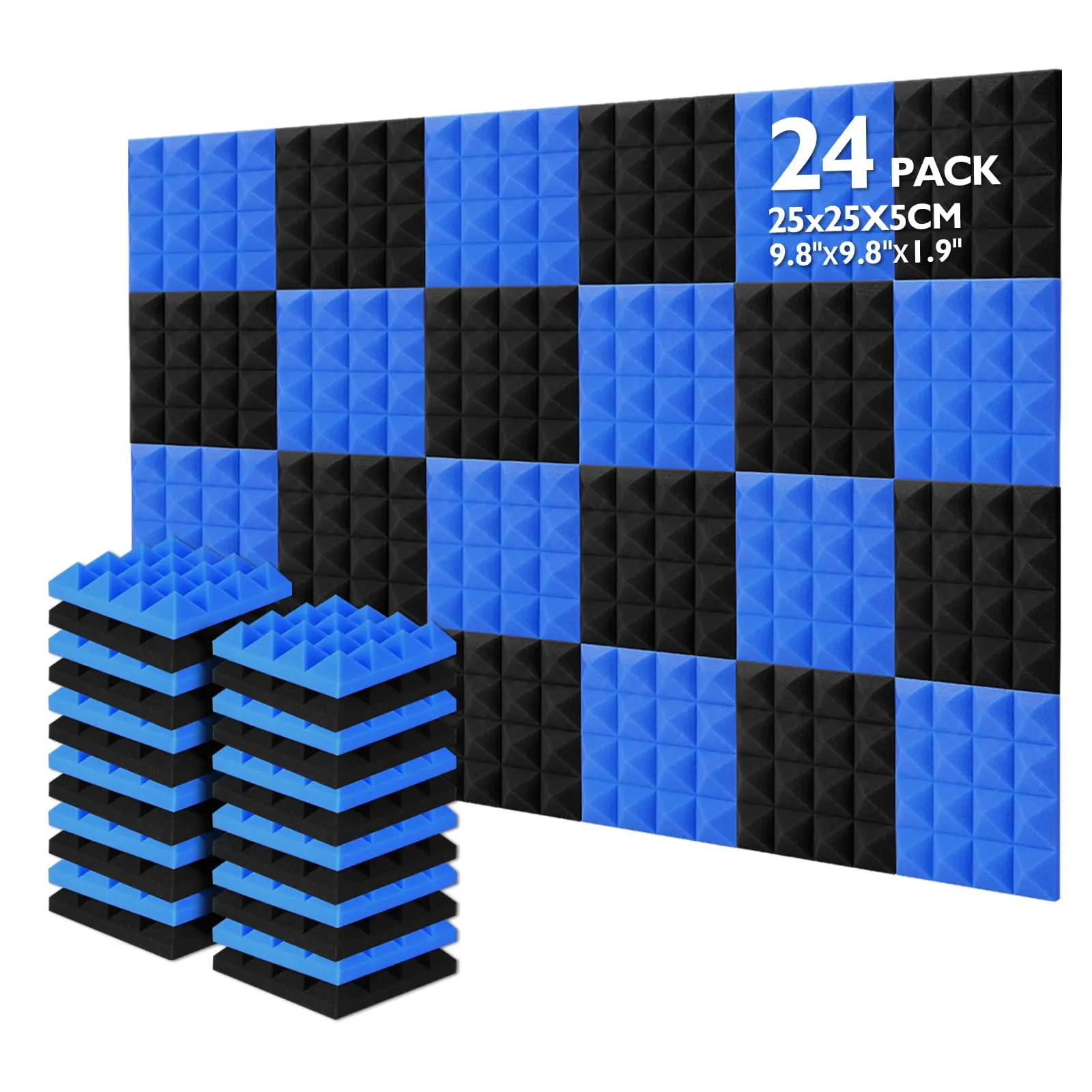 Make friend 24Pcs 25x25x5cm Studio Acoustic Soundproof Foam Noise Insulation Sound Absorption Treatment Panels Black and Blue