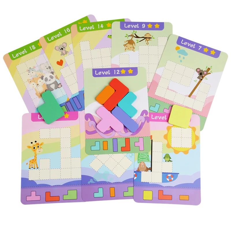 Juguete educativo de rompecabezas de madera, 7 bloques de construcción de colores de madera y 9 tarjetas de desafío de doble cara, juego de capacidad de pensamiento de ejercicio