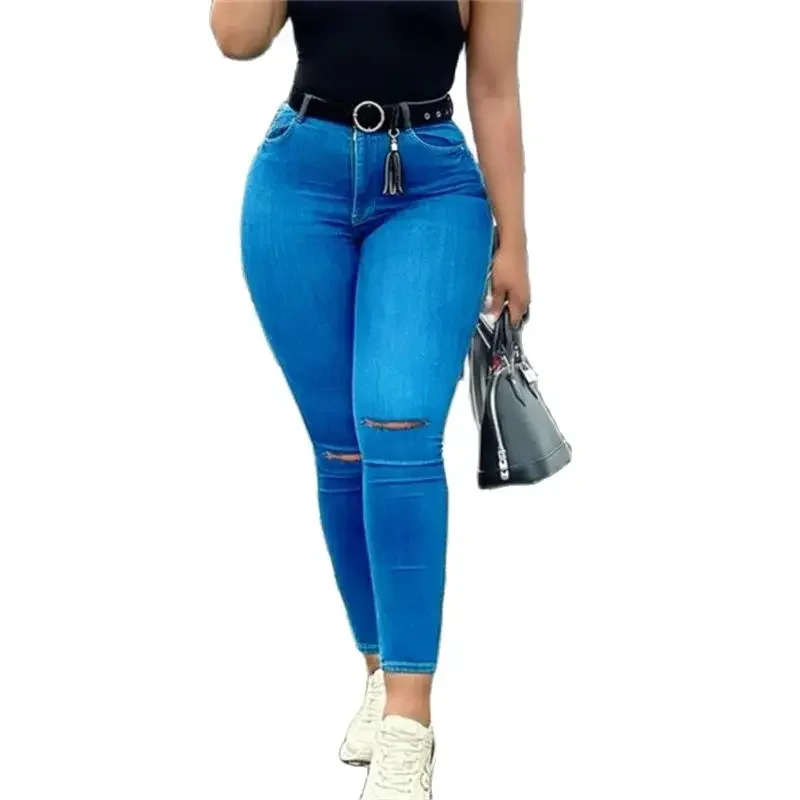 Women Knee Broken Holes Pencil Jeans High Waist Slim Fit Stretch Denim Pants Female Comfortable Office Commuter Casual Trousers