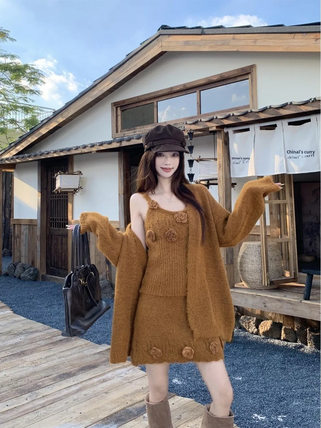 

Casual Knitted Pure Color Women's Set Spring 2026 New 3D Crochet Vest Skirt Sweater Open Cardigan High Waist Midi Skirt