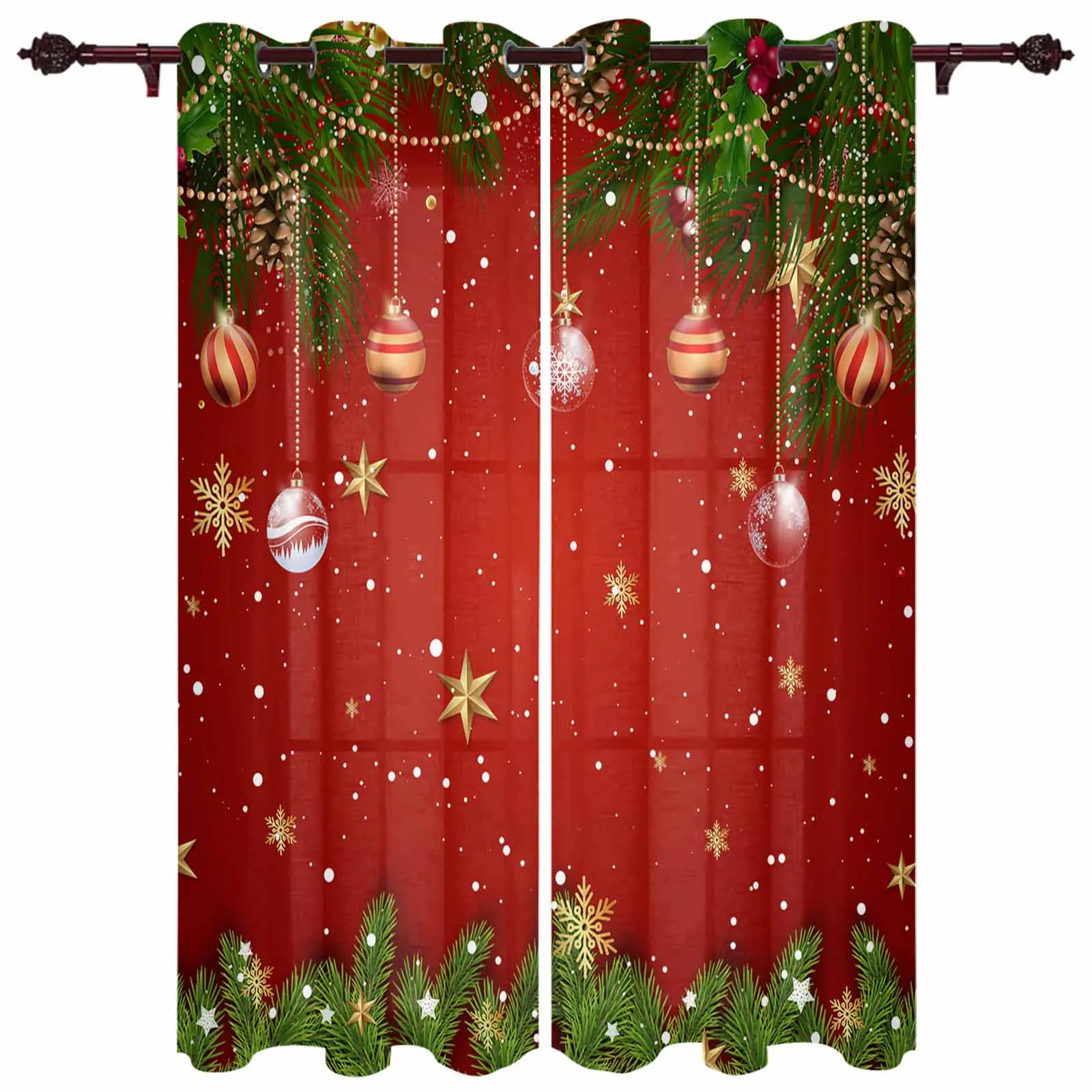 

Christmas Lantern Balls Pine Branches Ribbons Snowflakes Modern Curtains for Living Room Bedroom Window Curtains Hotel Drapes