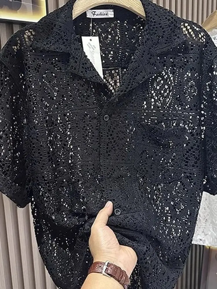 Casual Cuban Collar Short Sleeve Men's Shirt Hollow out Design Trendy Handsome Loose Fit Summer Shirt Polyester Fiber