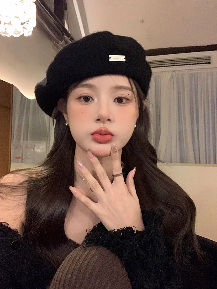 Black Wool Beret Hat Women's New 2023 Autumn Winter Small Face Effect Painter Cloud Hat Octagonal Hat Casual Style round Top