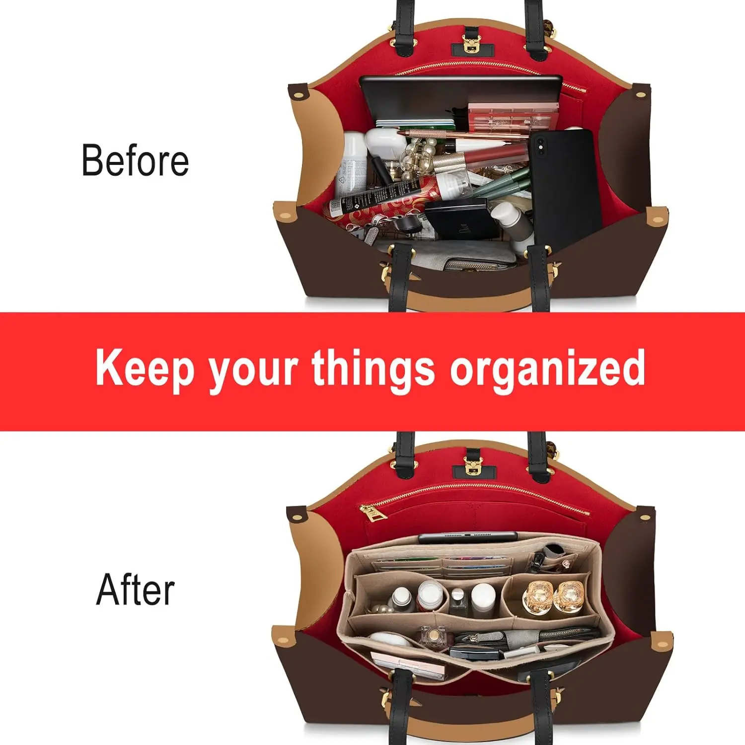 Фетровая вставка-органайзер для сумки Onthego MM со съемными карманными разделителями на молнии для управления беспокойством кошелька