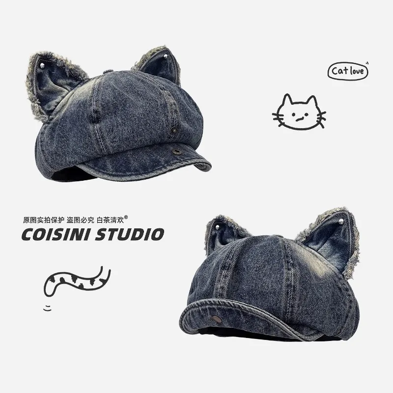 

Japanese Cute Cat Ear Flip Brim Washed Denim Octagonal Newsboy Cap Women Spring and Autumn Literary Large Version Berets Hat