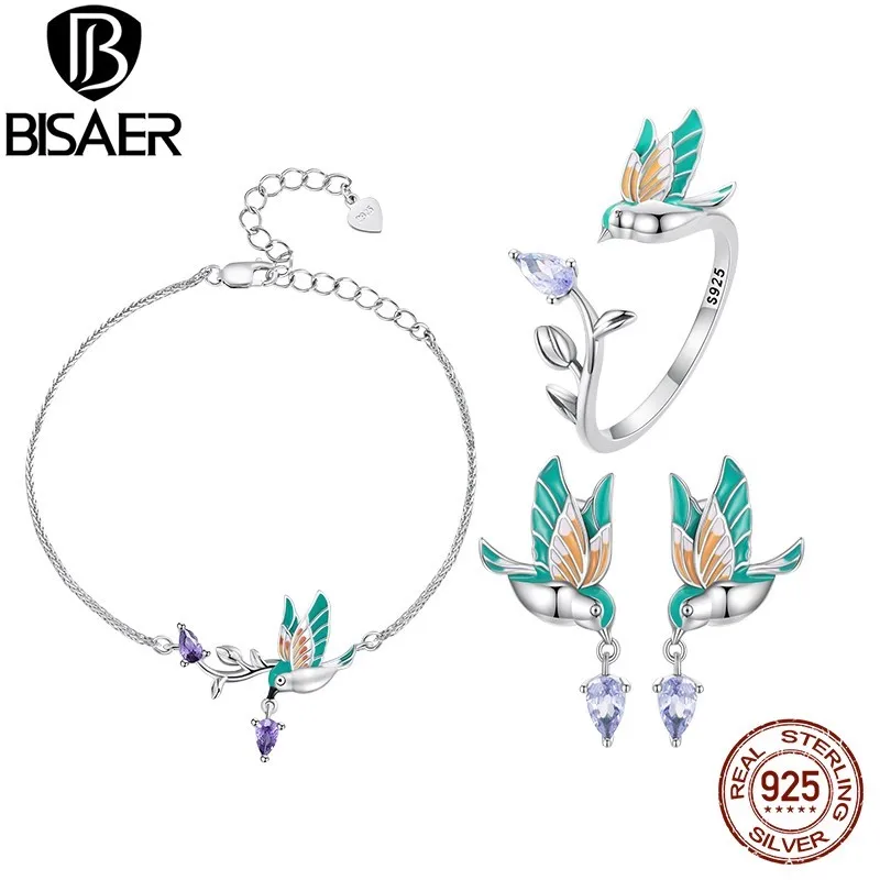 BISAER 100% 925 Sterling Silver Kingfisher Jewerly Set Bird Bracelet Open Ring Stud Earrings Purple Zircon for Women Party Gift