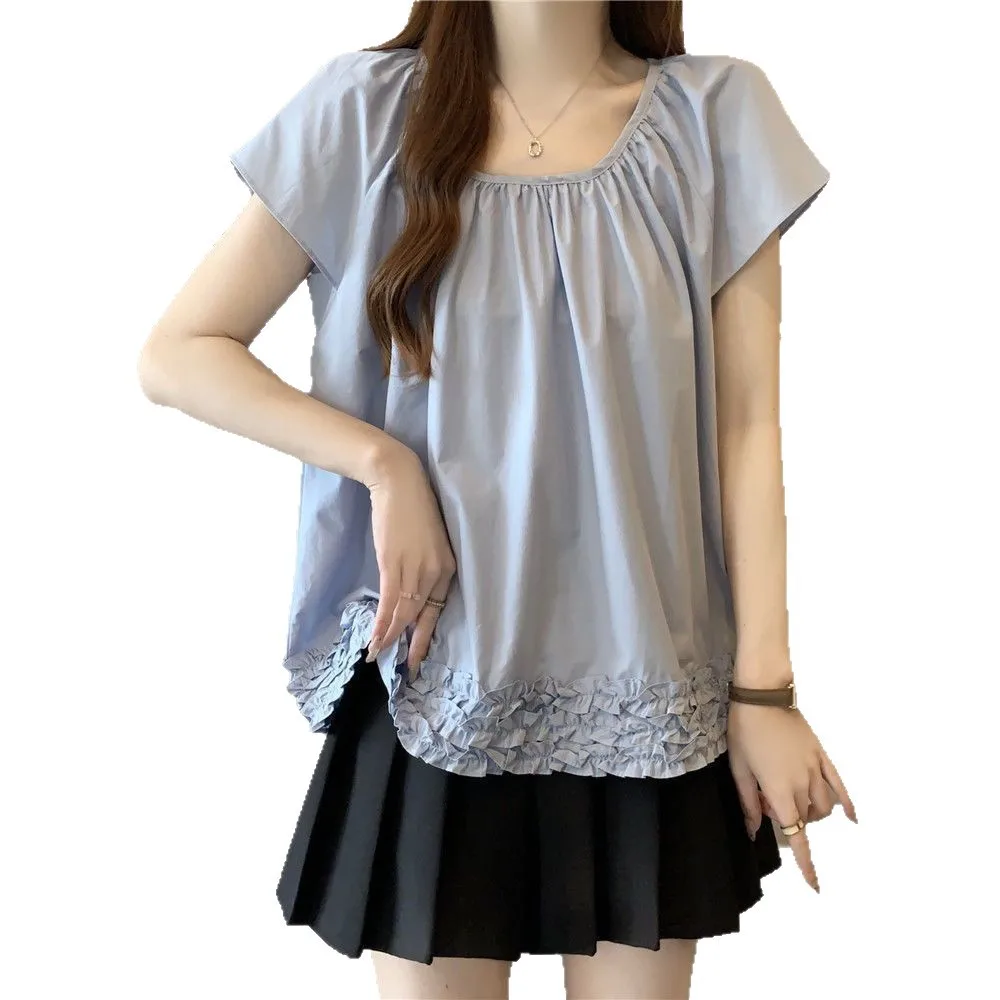 

Spring and summer large-size women's clothing new solid color loose and thin splicing fungus edge short-sleeved t-shirt