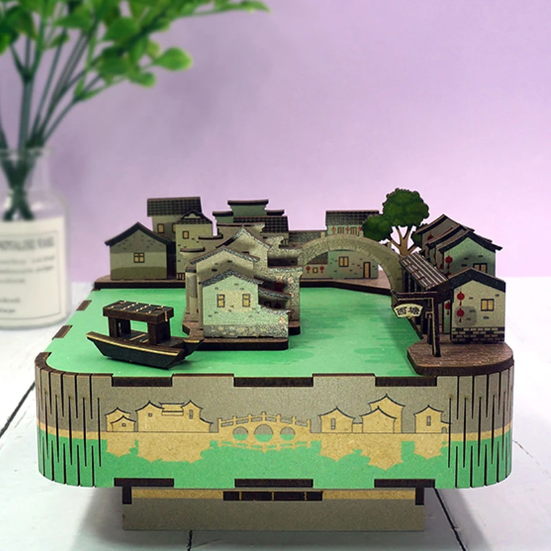 DIY 3D Wooden Ancient Water Town Music Box Miniature Model Kits Jigsaw Puzzles Can Move for Children Birthday Gifts Home Decor