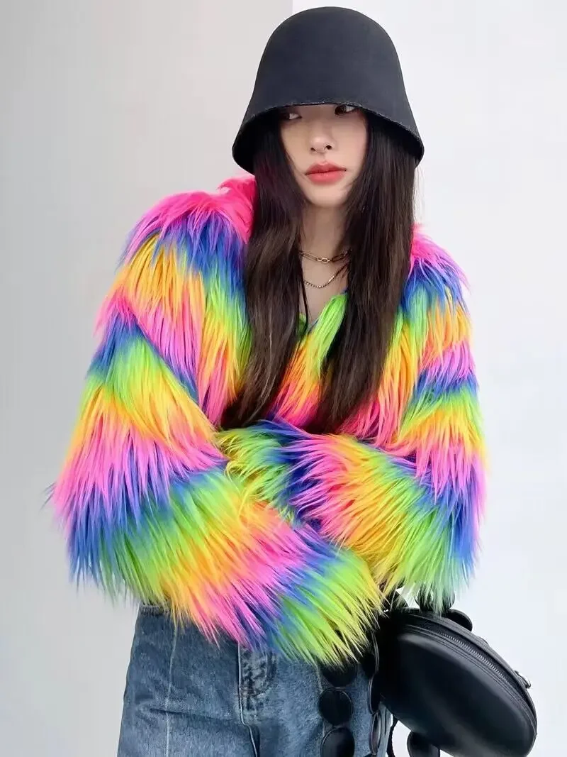 2023 Autumn Winter Fashion Colorful Rainbow Hairy Faux Fur Coat Women Crop Top Fluffy Cropped Jacket Festival Clothing Fur Coats