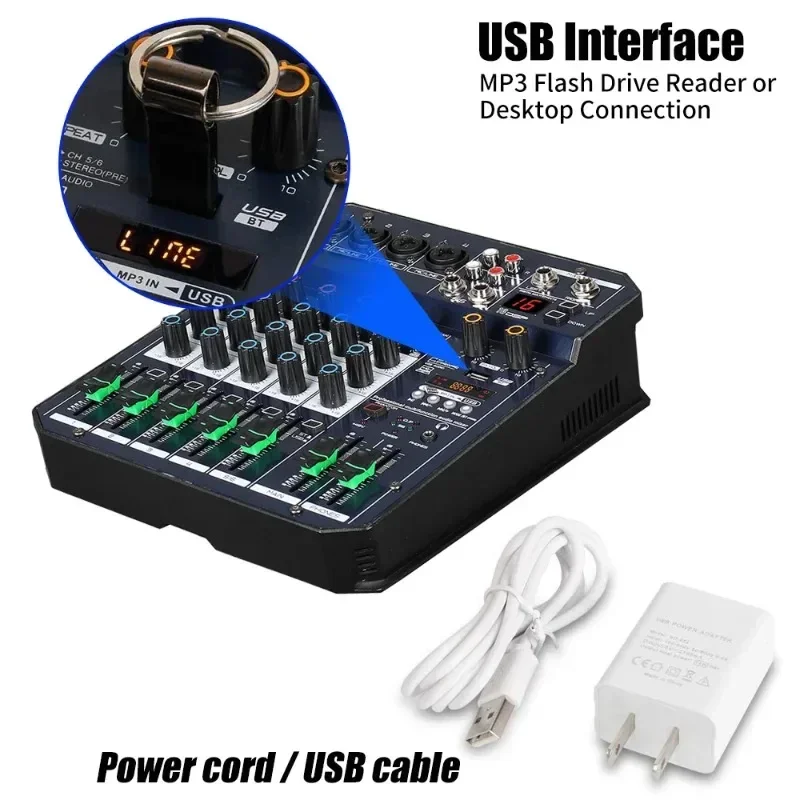 6 Channel Dj Mixing Console Sound Card with Monitor 16 Echo DSP 48V Phantom Power for PC Record Karaoke Party