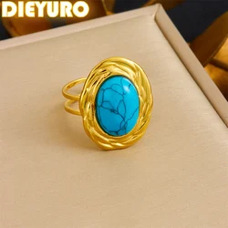 DIEYURO 316L Stainless Steel Golden Elliptical Inlaid Turquoise Open Finger Ring For Womens Fashion New Ring Jewelry Party Gift