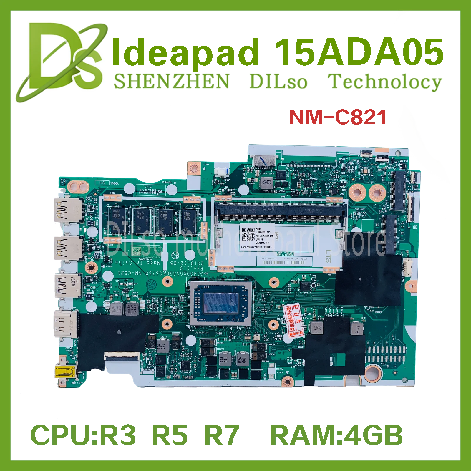 

KUFU NM-C821 Laptop Motherboard For Lenovo IdeaPad 3 15ADA05 Notebook Mainboard W/4GB-RAM R7-3700U R5-3500U R3-3250U 100% Test