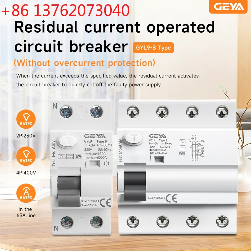 GYL9 TYPE B RCD RCCB Din Rail Earth Leakage Current breaker DC 2Pole 40A 63A 30mA 100mA 300mA 6KA Diret Current (6mA)