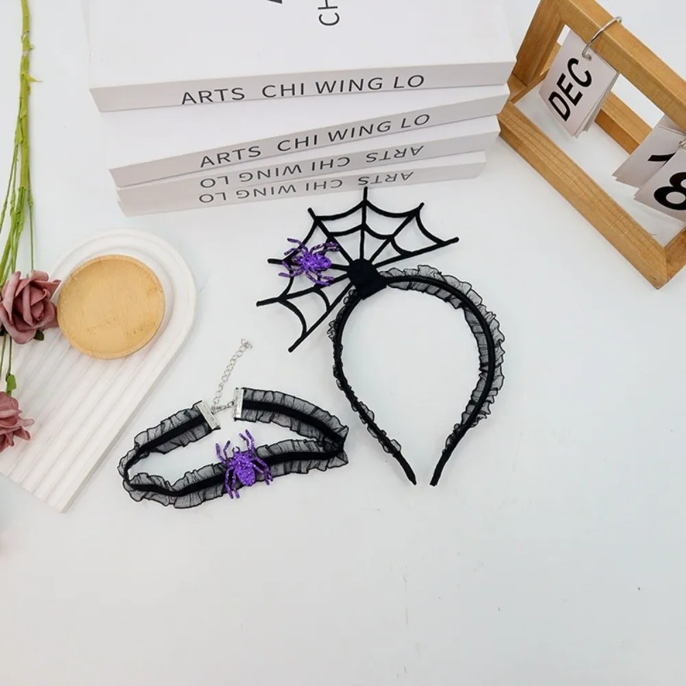 ตลกสีดําฮาโลวีนแถบคาดศีรษะ Ruffles ตาข่าย Hairband ชุดสร้อยคอคอสเพลย์ Props Hollow Spider Web Hairband ชาย/หญิง
