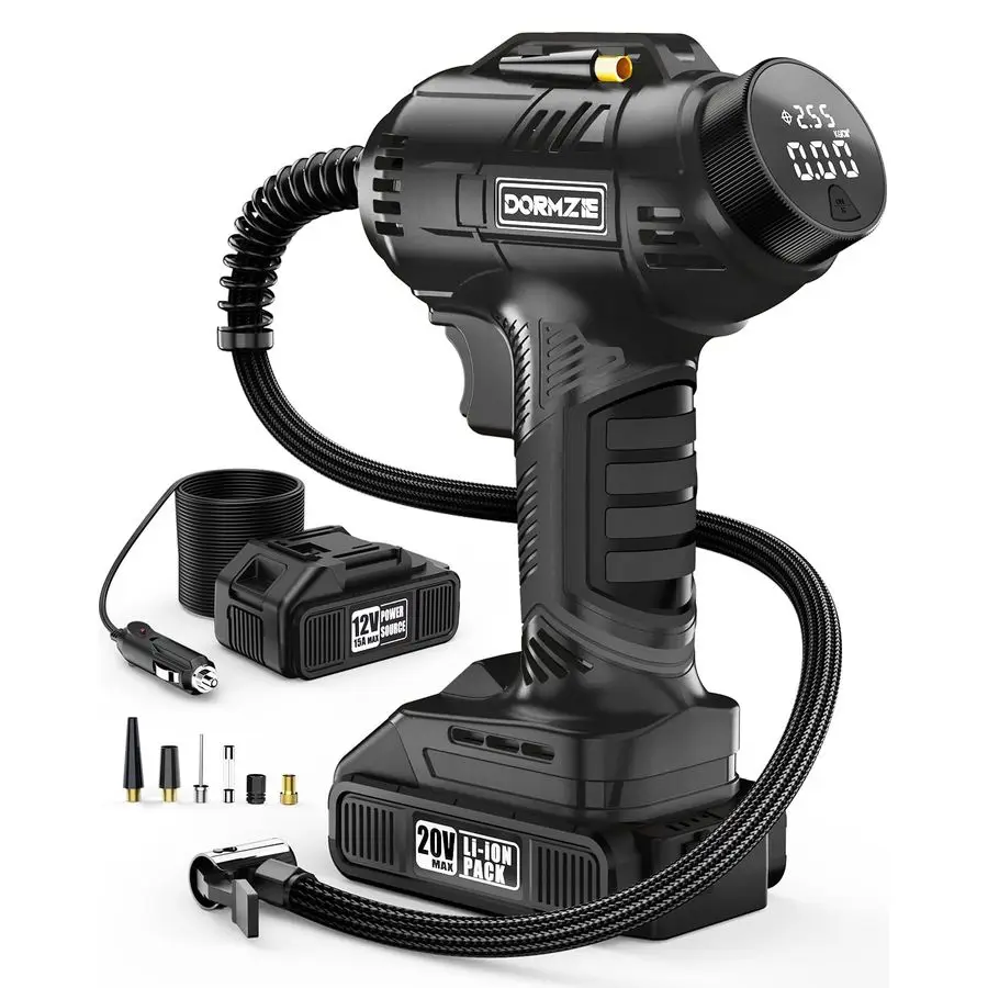 Inflator Portable Air Compressor, 150 PSI Handheld Air Pump for Car Tires with 20V Rechargeable Battery, 12V Car Power Adapter,