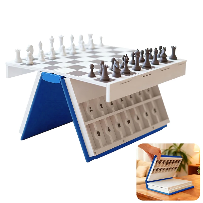 Hot 3D Printed Chess Book, Chess Set With Storage Books Design Folding Board Game For Adults Portable Compact Game Set