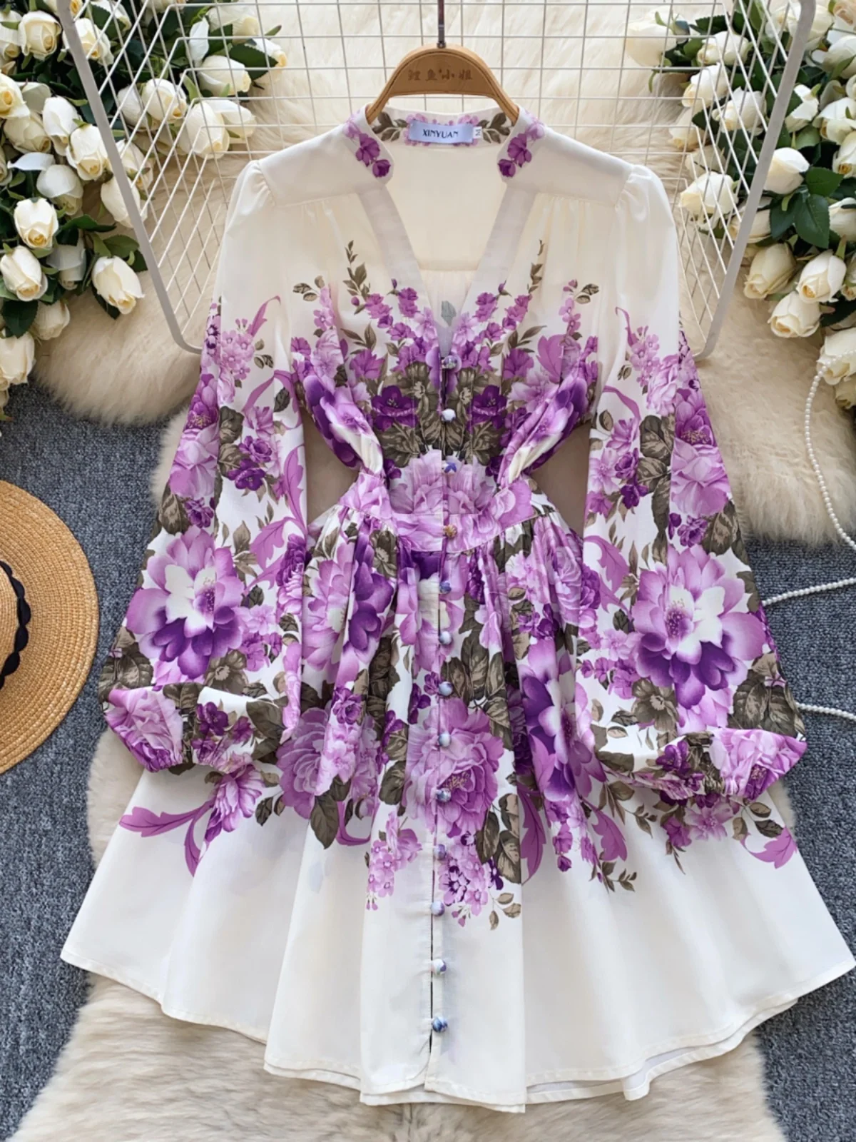 Primavera Verano Vintage estampado Floral Vestido corto mujeres cuello en V manga larga solo pecho Mini vestido elegante vestidos de fiesta de noche
