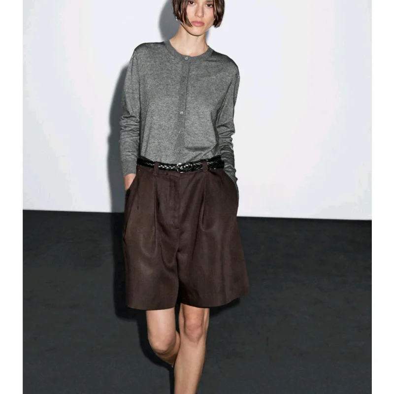 Długi sweter damski z dzianiny, okrągły dekolt, otwarty przód, prosty, elegancki, na wiosnę, z włókna poliestrowego.